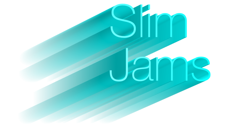 A blue and white image of the word slim jam