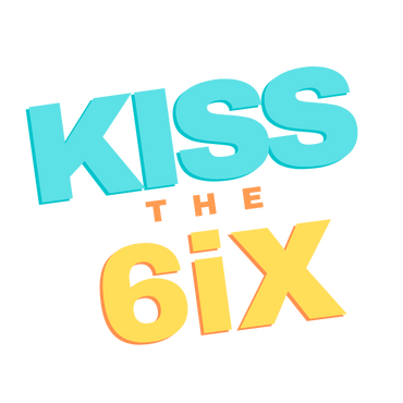 A blue and yellow text that reads " kiss the 6 ix ".