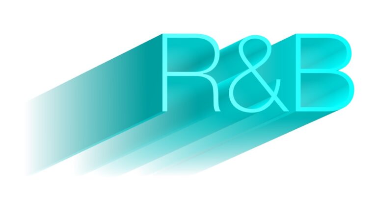 A blue and white logo with the letter r