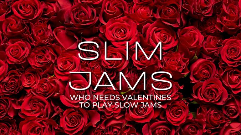A red rose filled wall with the words slim jams.